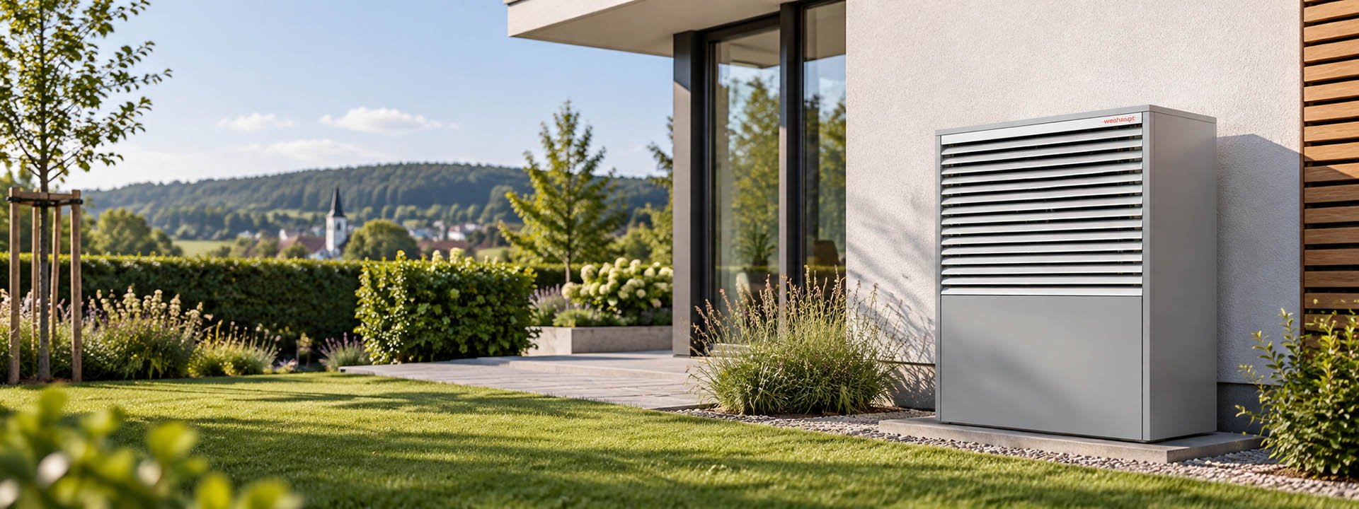 Moderne Weishaupt Luft-Wasser-W&auml;rmepumpe im Garten eines Wohnhauses – Uwe Kleinheider Hagen a.T.W.