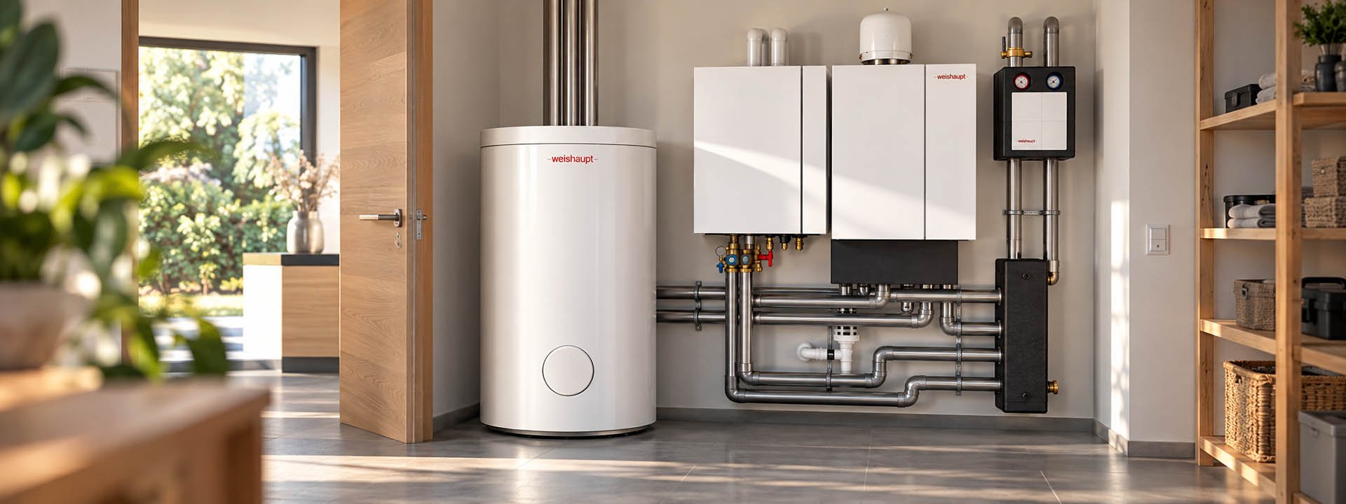 Zentralheizungsanlage von Weishaupt mit Warmwasserspeicher und wandh&auml;ngendem Gas-Brennwertger&auml;t – Installation Uwe Kleinheider