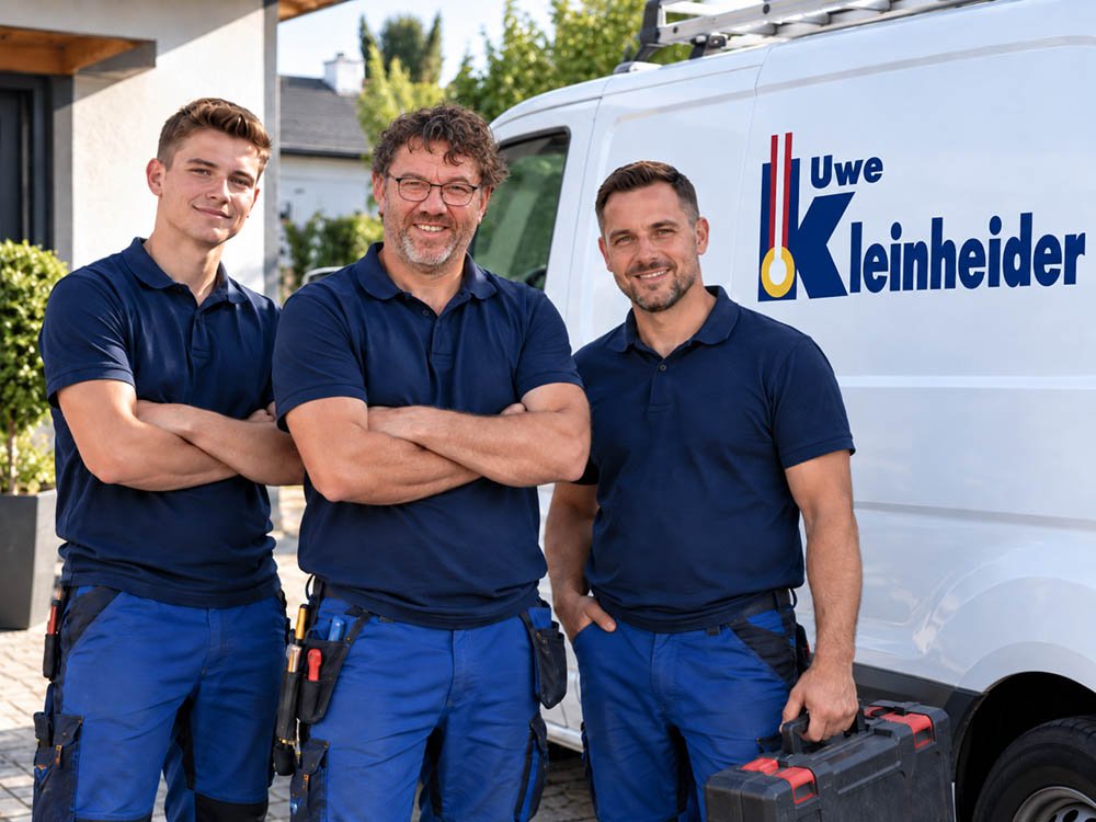 Team von Uwe Kleinheider Heizungsbau vor dem Kundendienstfahrzeug Das Handwerker-Team von Uwe Kleinheider vor dem Firmenfahrzeug in Hagen a.T.W. – Fachbetrieb für Heizung und Sanitär